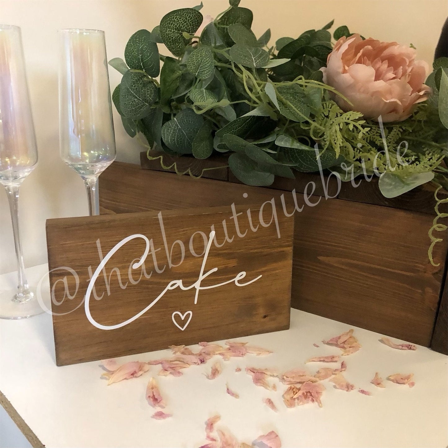 Wooden cake table sign, wedding reception table decor.
