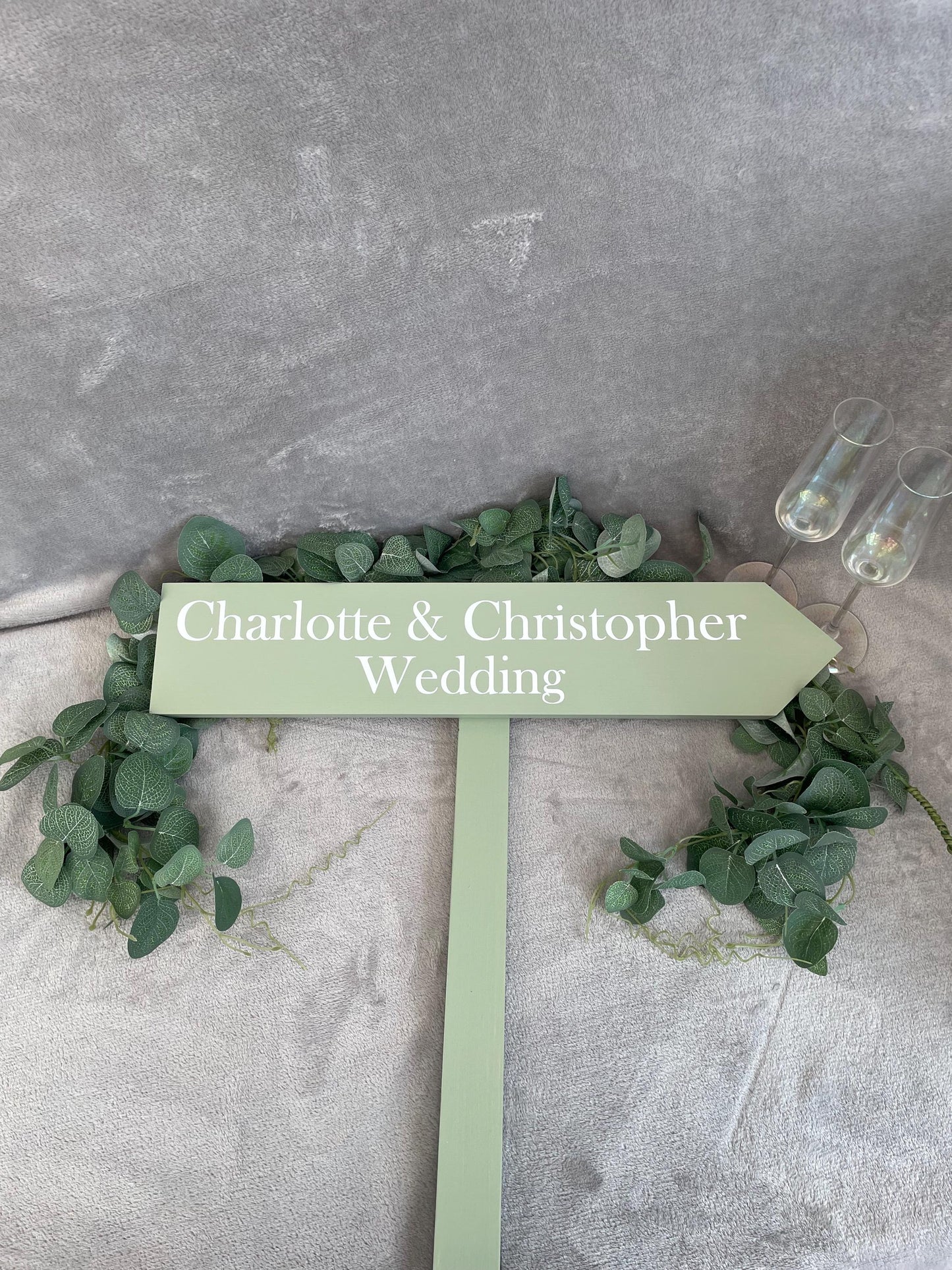 Personalised, SAGE wooden event direction sign.