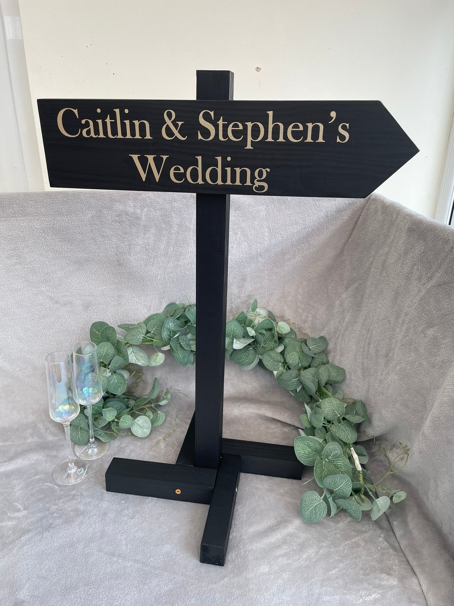 Personalised, BLACK, freestanding, wooden event direction sign.