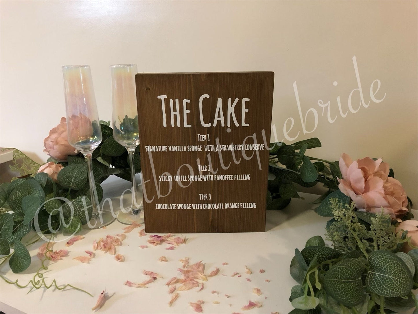 Wooden wedding cake menu, wedding reception table decor.