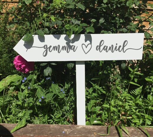 Personalised, WHITE wooden event direction sign.