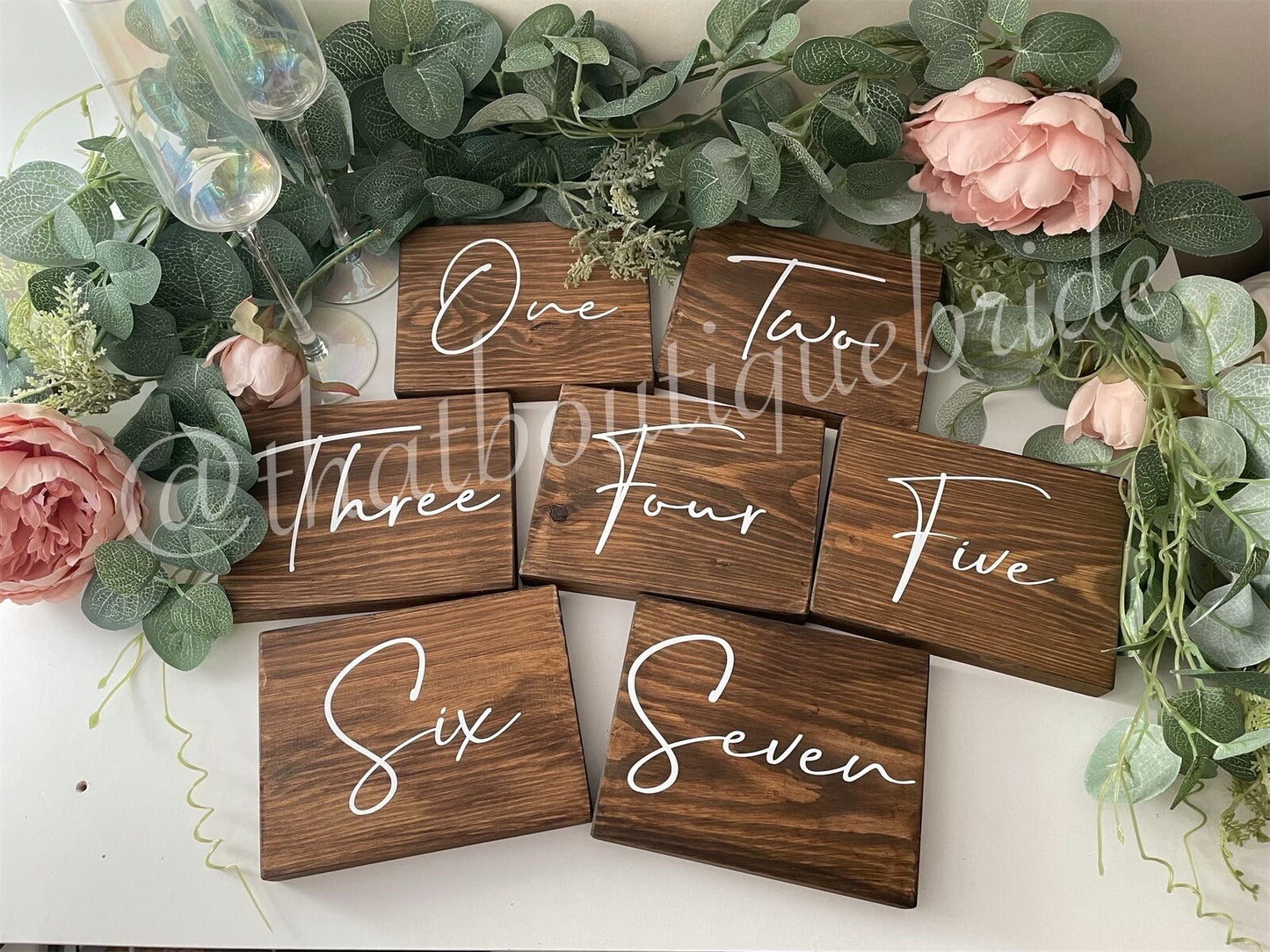 Set of 6 wooden table numbers or names, Wedding reception table decor.