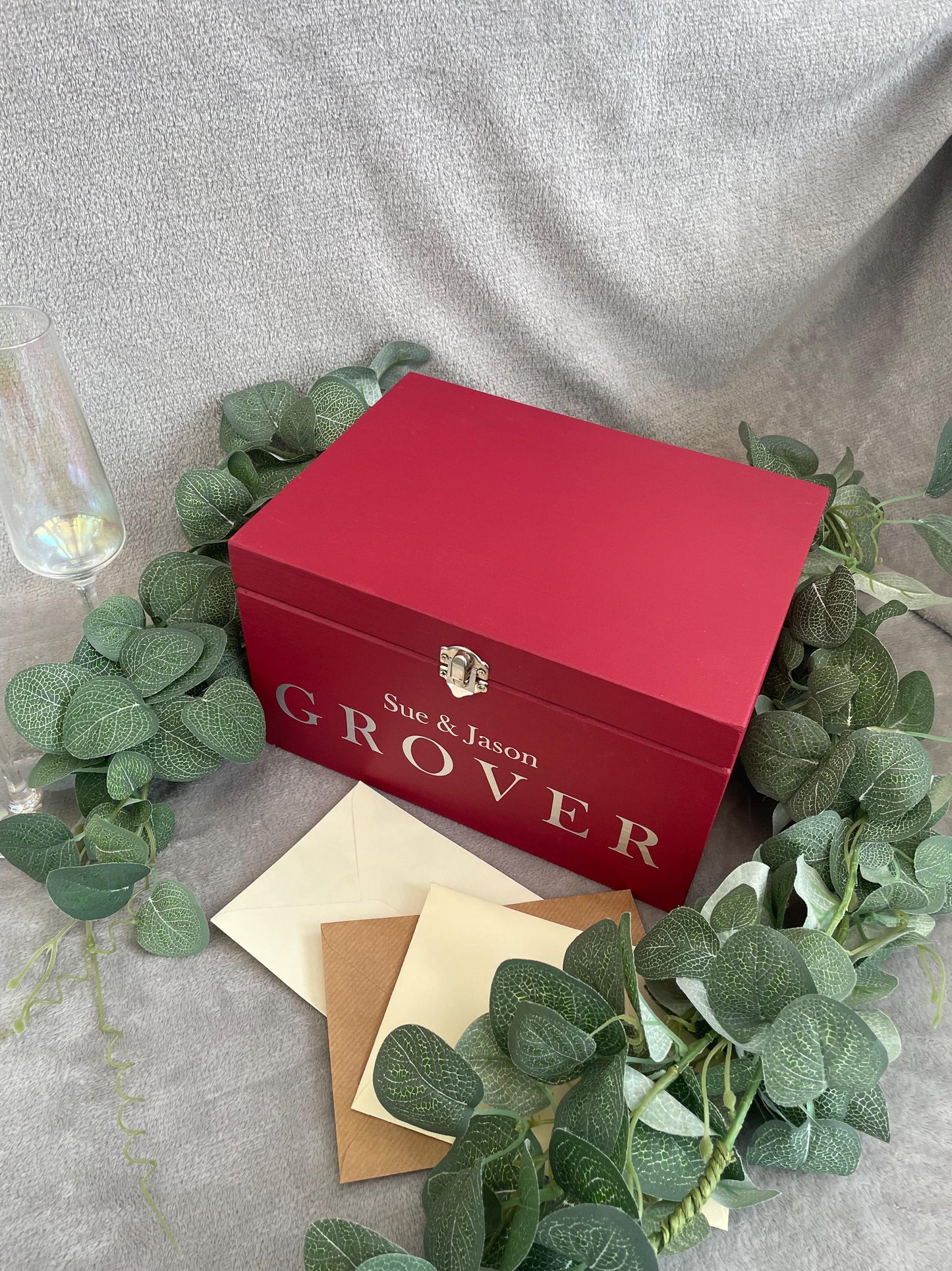 Personalised RED wedding card box, Wedding memory box, Wedding keepsake box, Wooden Wedding box, rustic wedding post box,