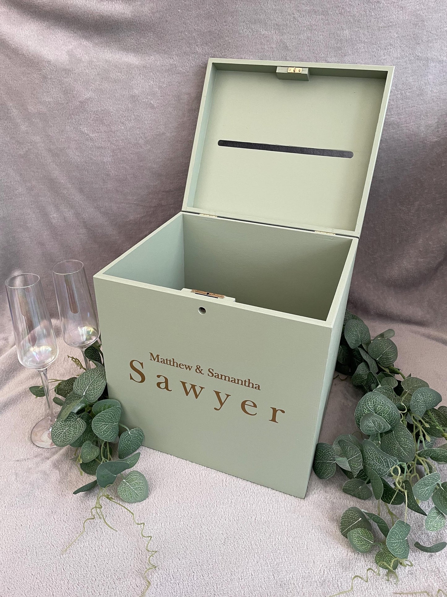 Personalised SAGE slotted wedding card box, slotted Wedding post box, lockable Wedding card box, wooden Wedding box, wedding keepsake box.