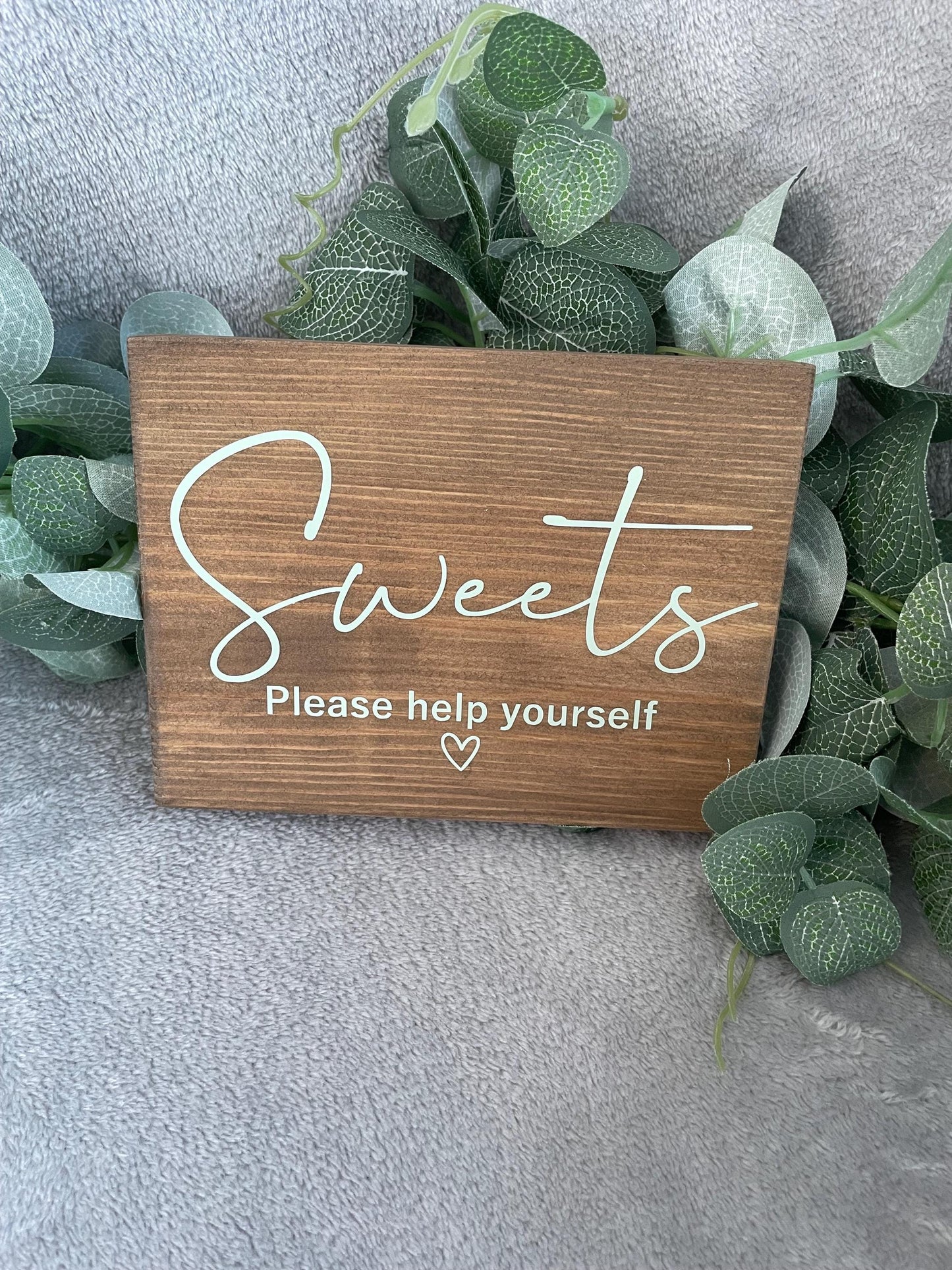 Wooden sweet table sign, wedding reception table decor.