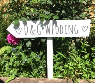Personalised, WHITE wooden event direction sign.
