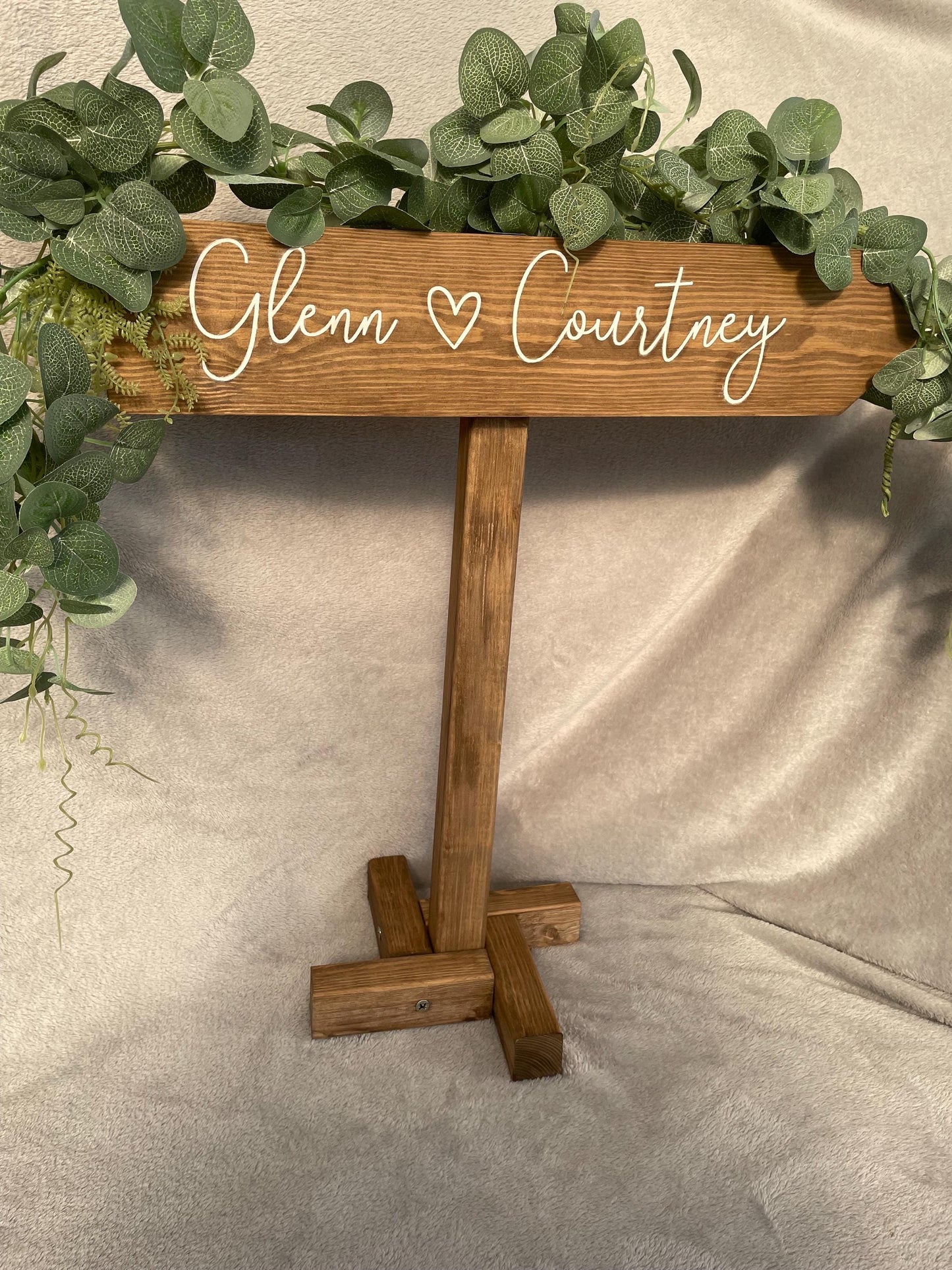 Personalised, RUSTIC, freestanding, wooden event direction sign.