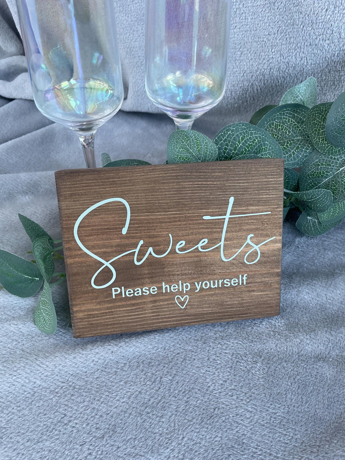 Wooden sweet table sign, wedding reception table decor.