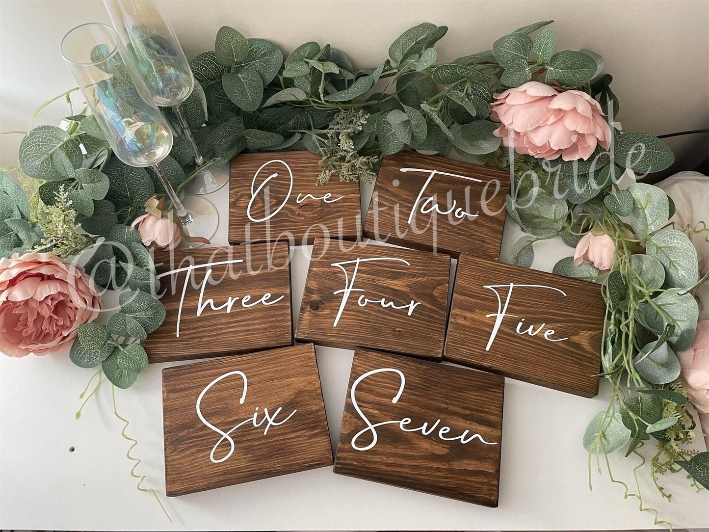 Set of 6 wooden table numbers or names, Wedding reception table decor.