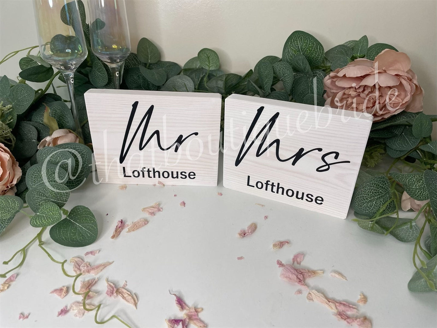 Couples WHITE wooden table signs, wedding reception table decor.