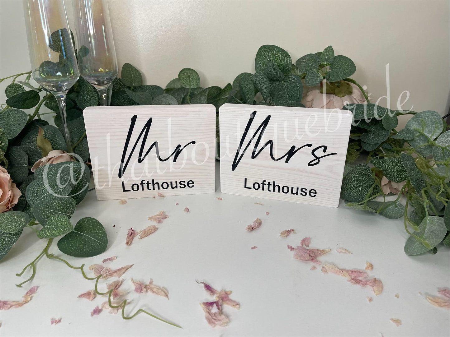 Couples WHITE wooden table signs, wedding reception table decor.