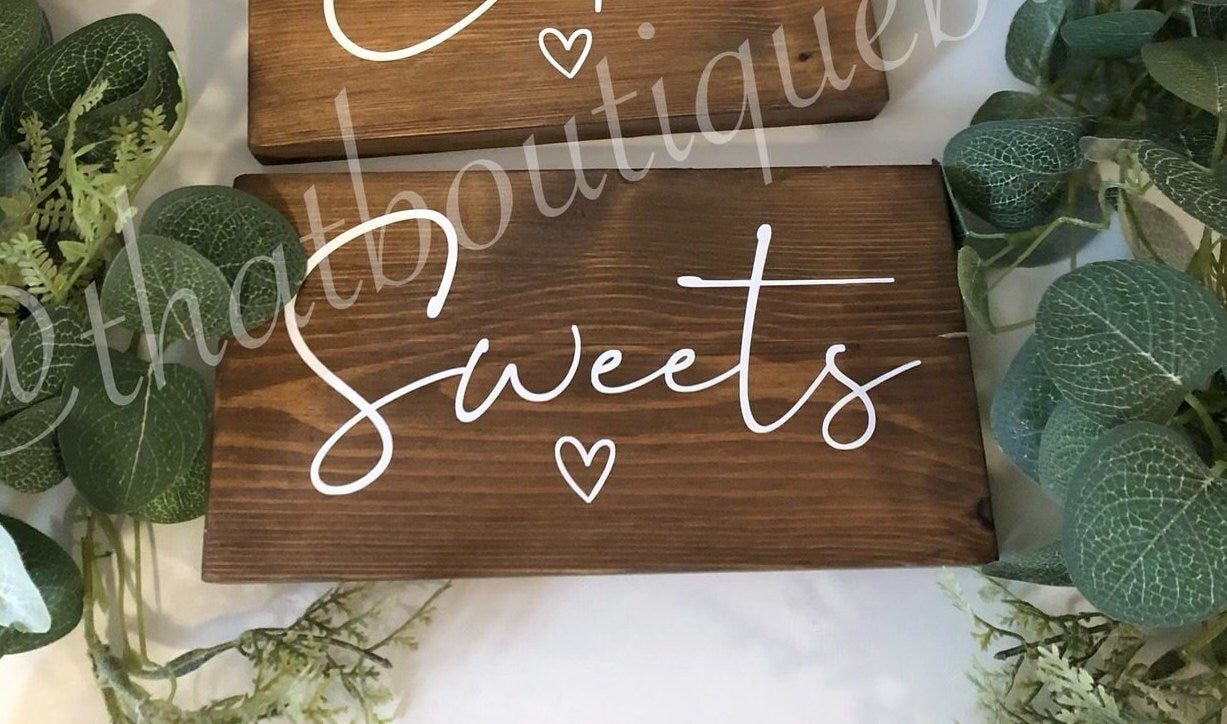 Wooden sweet table sign, wedding reception table decor.