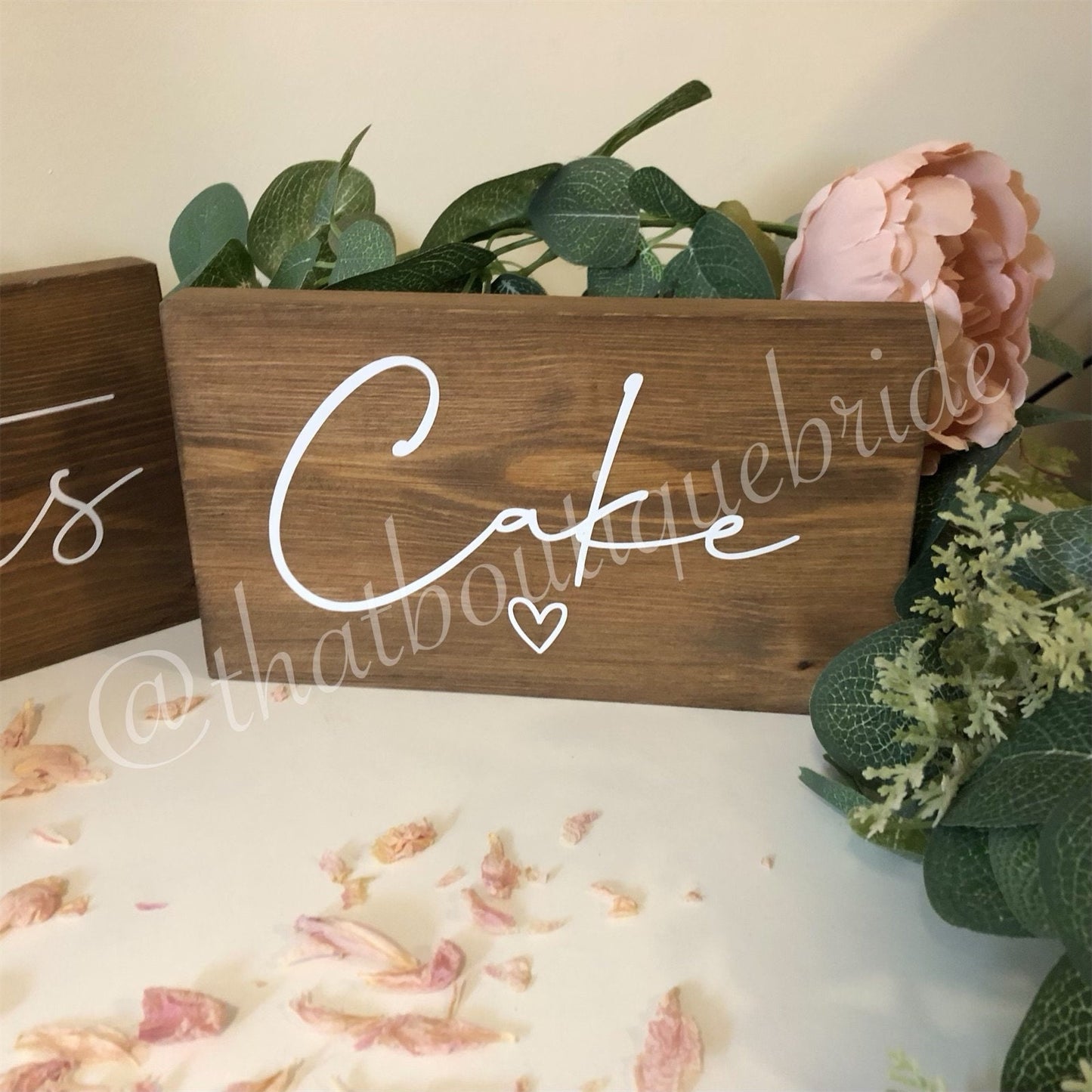 Wooden cake table sign, wedding reception table decor.