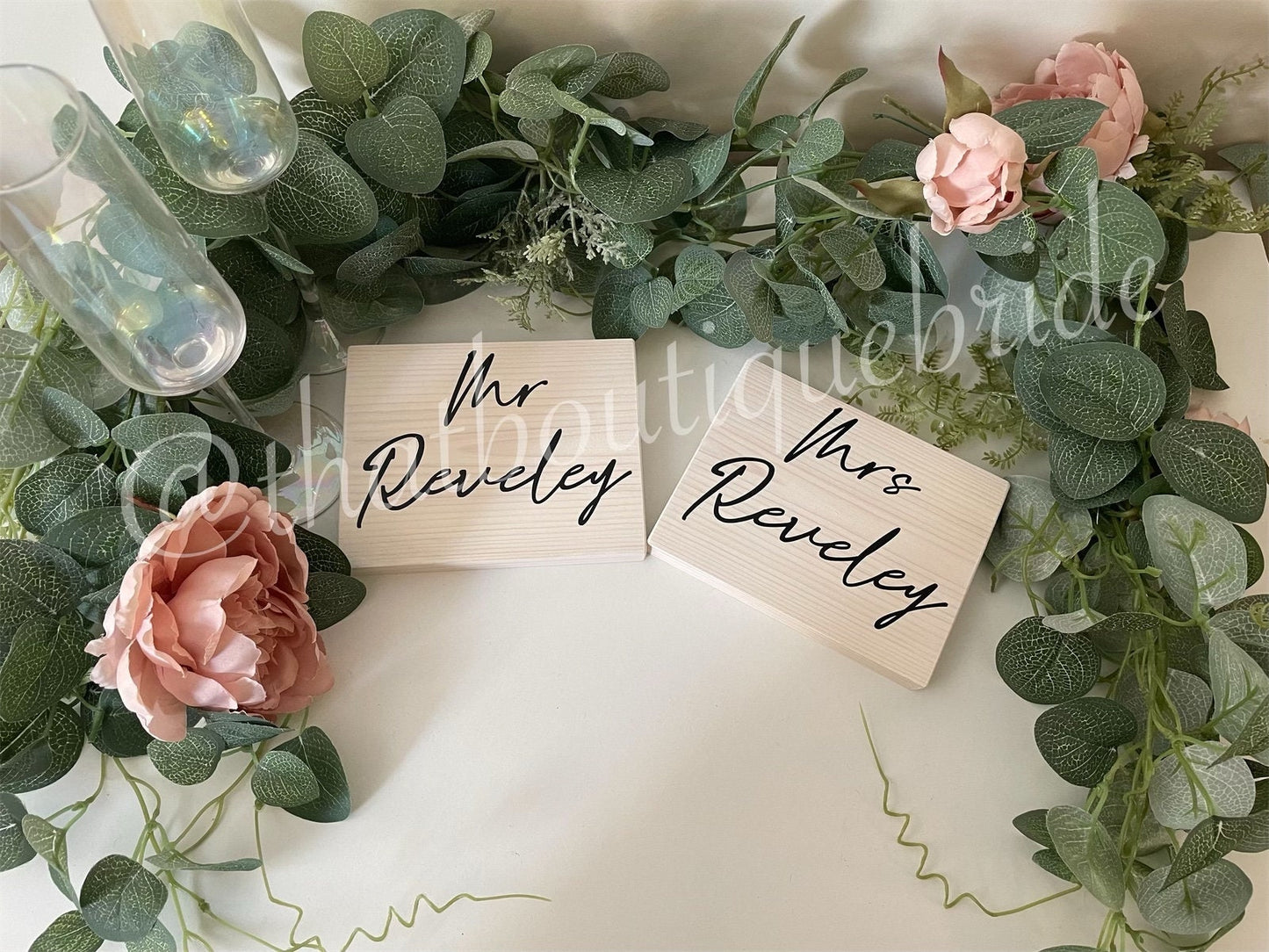 Couples WHITE wooden table signs, wedding reception table decor.