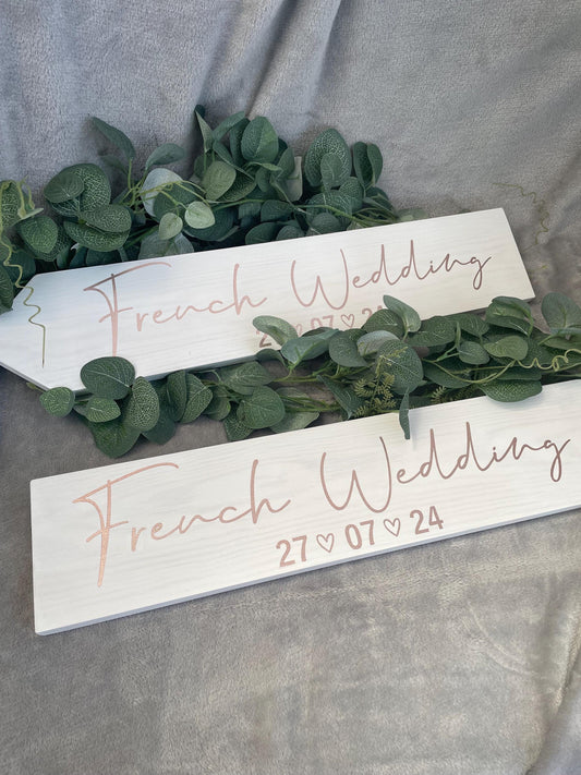 Personalised, WHITE wooden event direction sign.