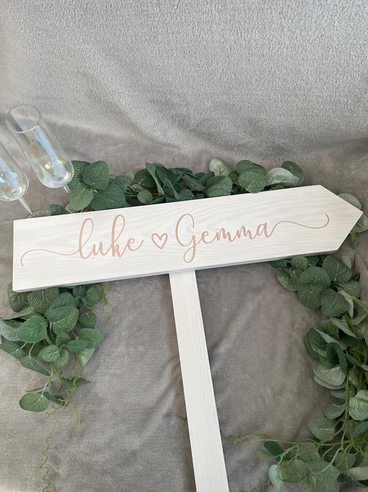 Personalised, WHITE wooden event direction sign.