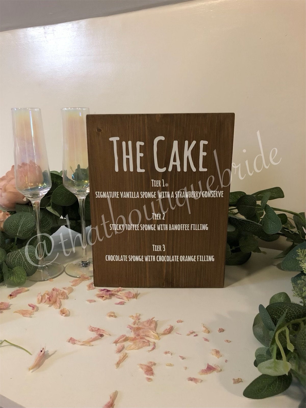 Wooden wedding cake menu, wedding reception table decor.