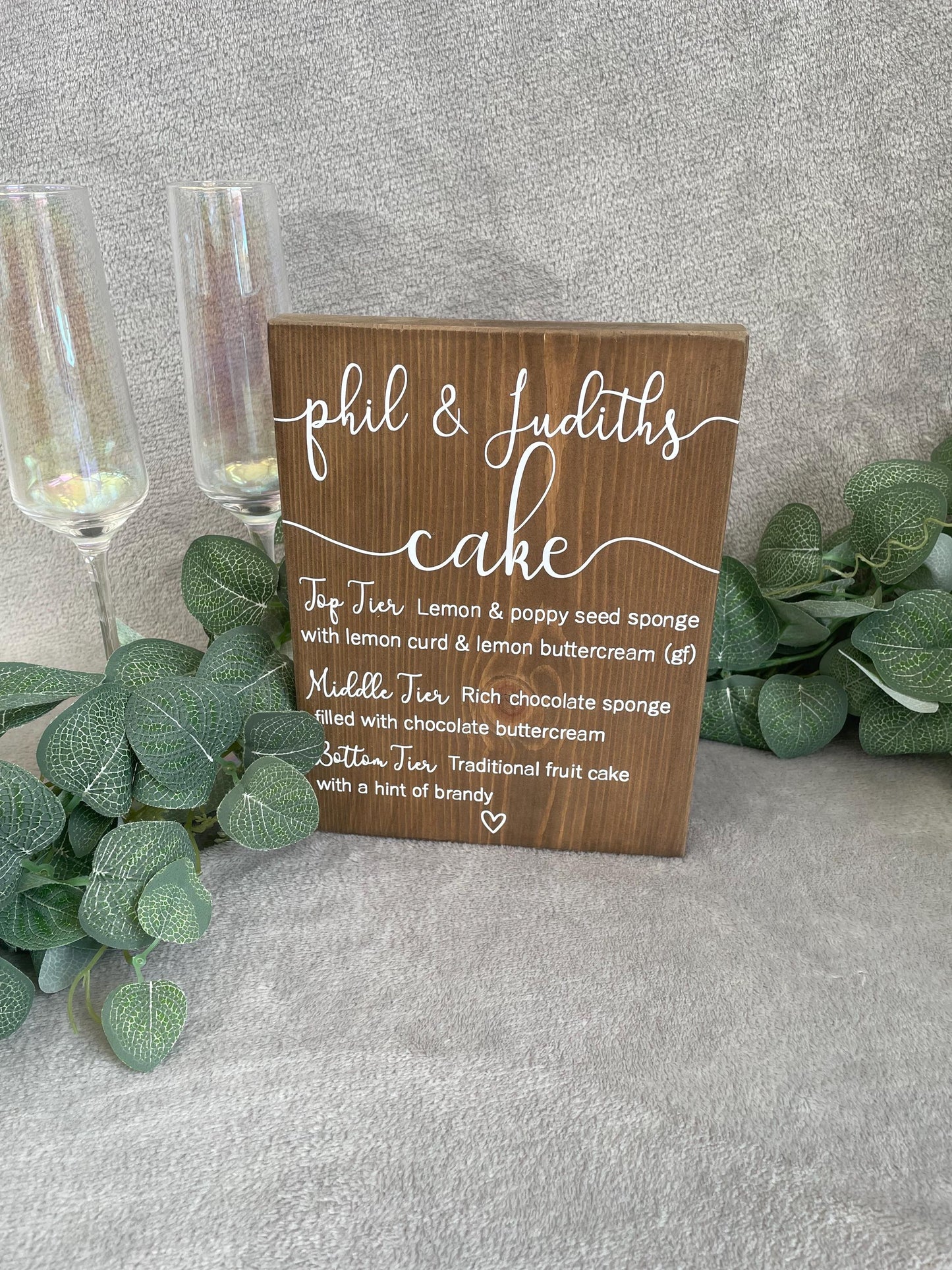Wooden wedding cake menu, wedding reception table decor.