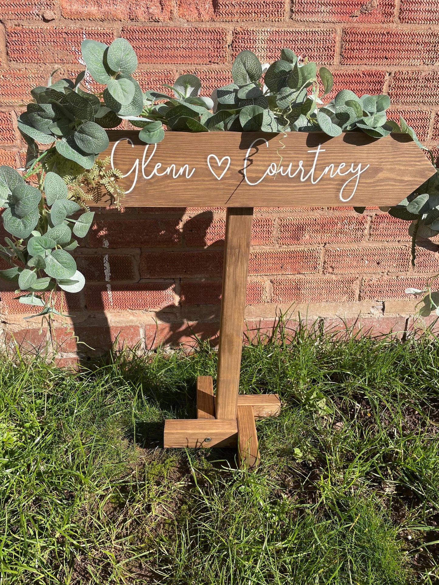 Personalised, RUSTIC, freestanding, wooden event direction sign.