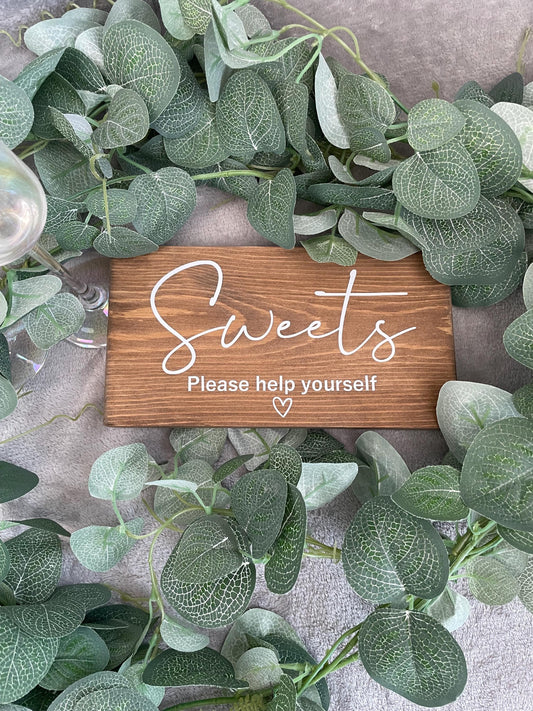 Wooden sweet table sign, wedding reception table decor.