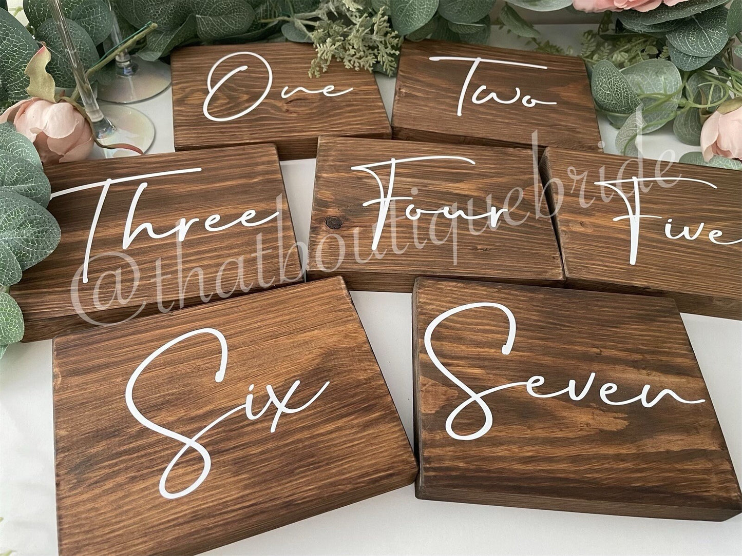 Set of 6 wooden table numbers or names, Wedding reception table decor.