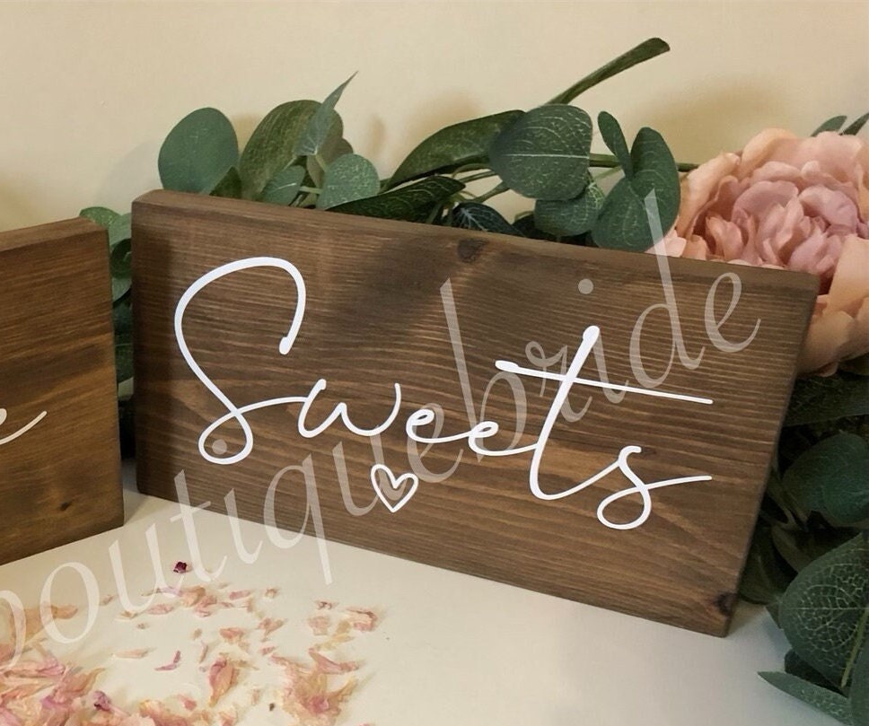 Wooden sweet table sign, wedding reception table decor.
