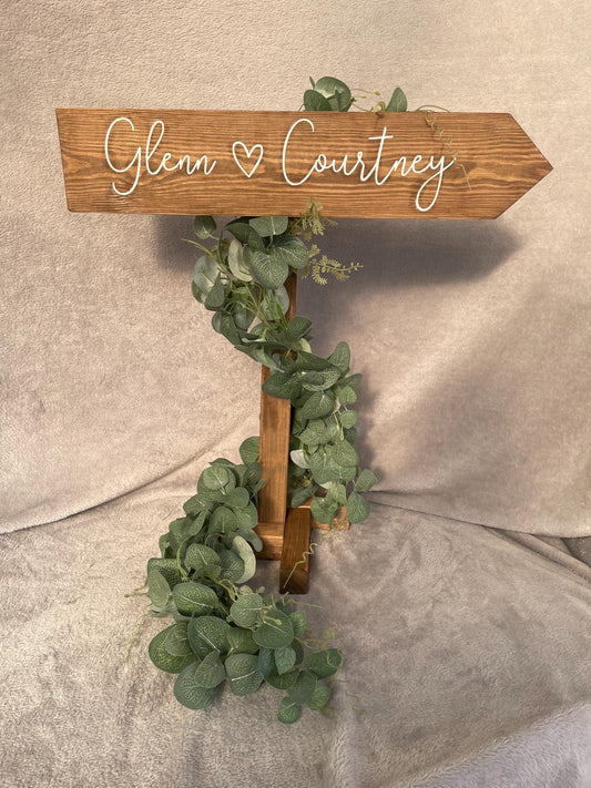 Personalised, RUSTIC, freestanding, wooden event direction sign.