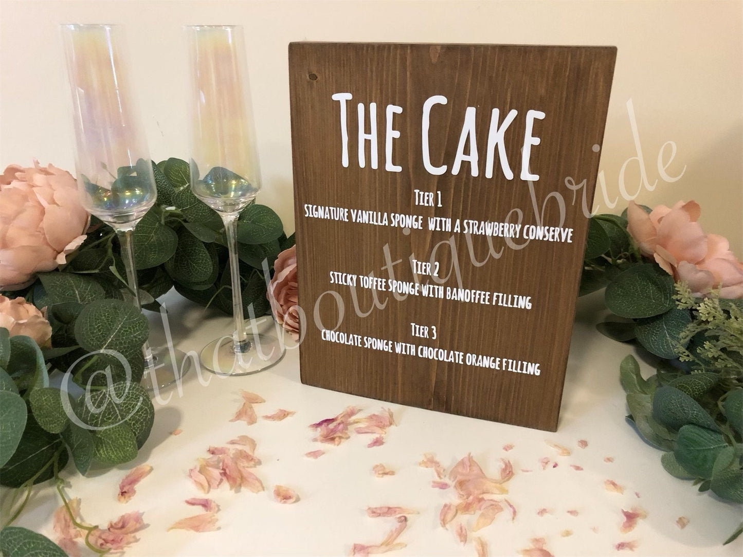 Wooden wedding cake menu, wedding reception table decor.