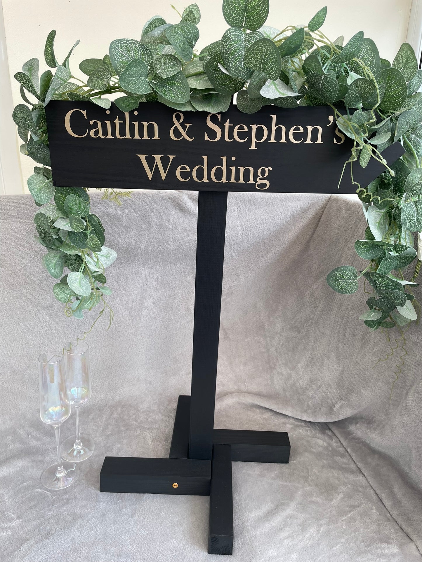 Personalised, BLACK, freestanding, wooden event direction sign.
