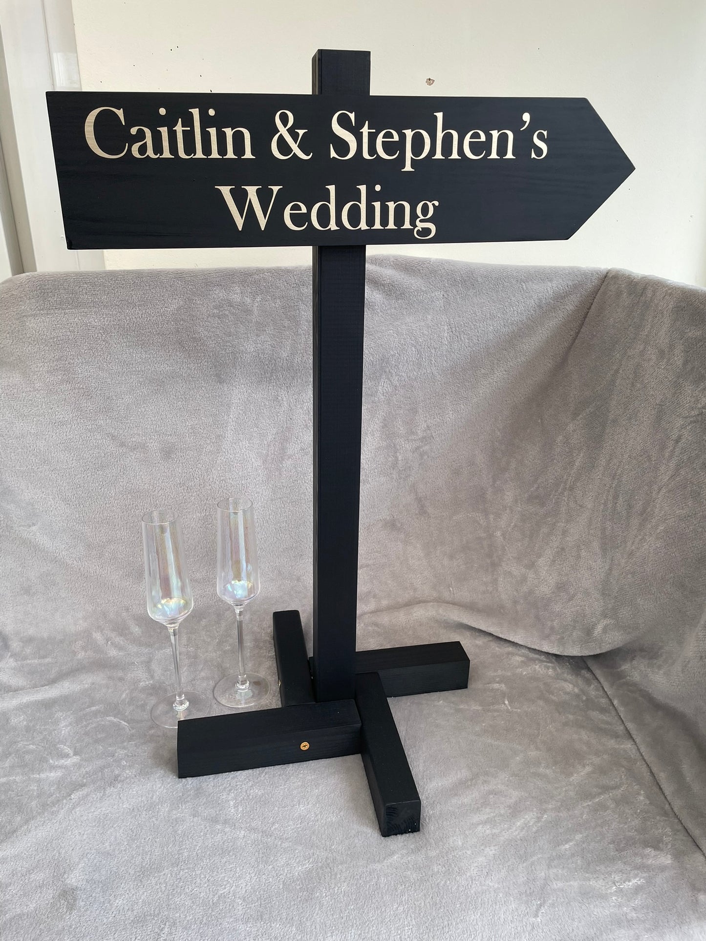 Personalised, BLACK, freestanding, wooden event direction sign.