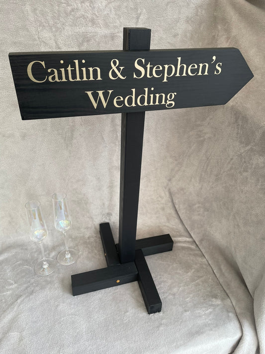 Personalised, BLACK, freestanding, wooden event direction sign.