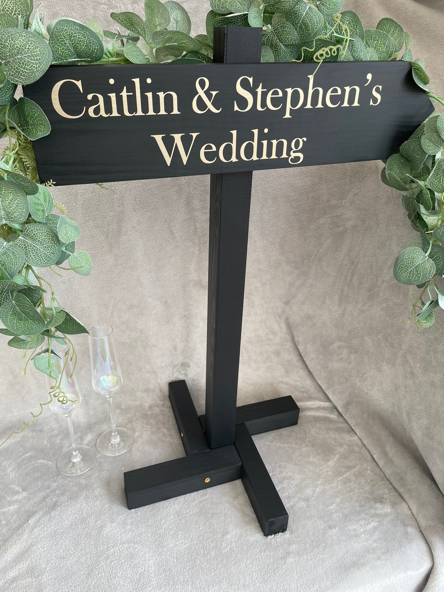 Personalised, BLACK, freestanding, wooden event direction sign.