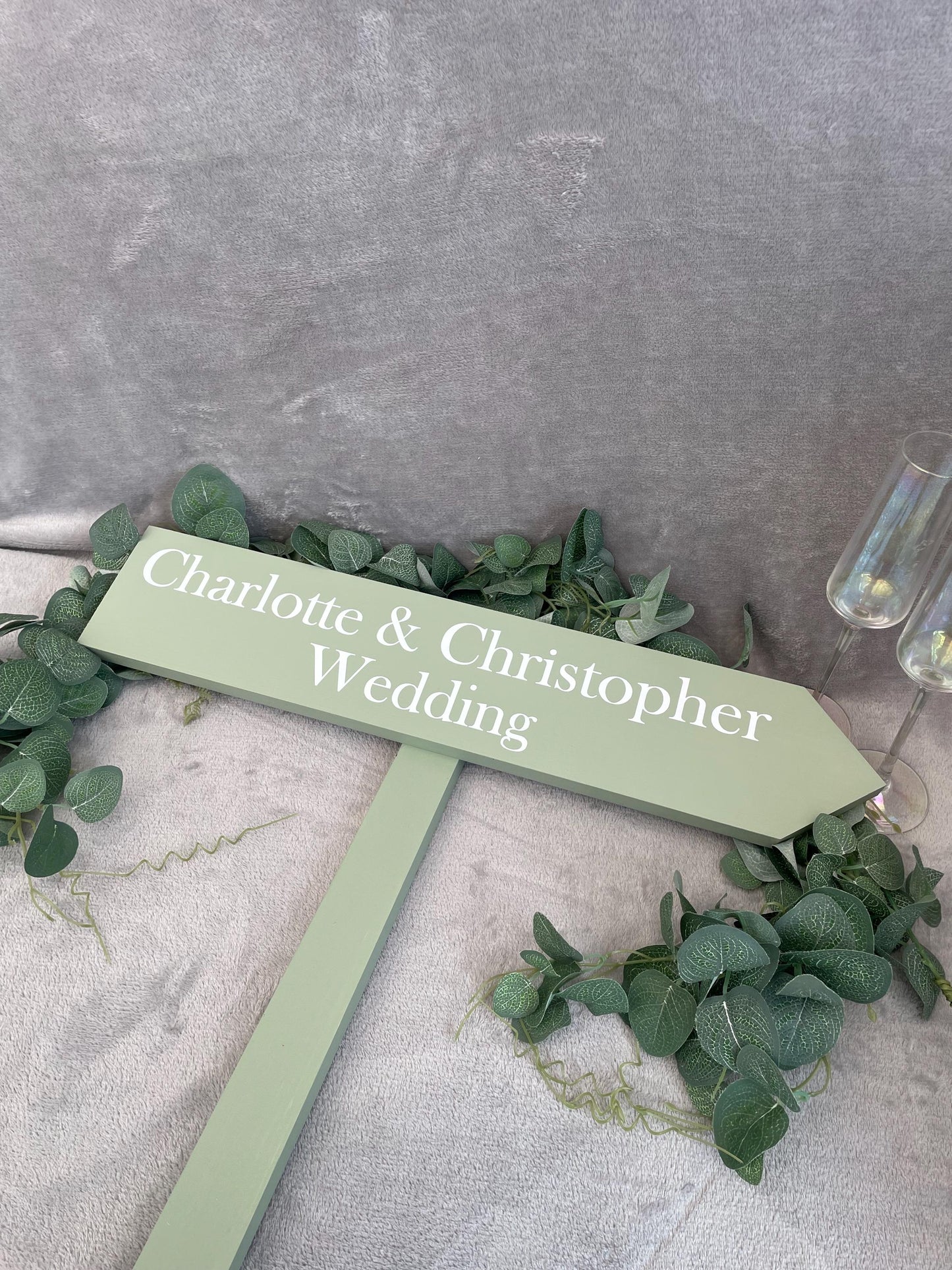 Personalised, SAGE wooden event direction sign.