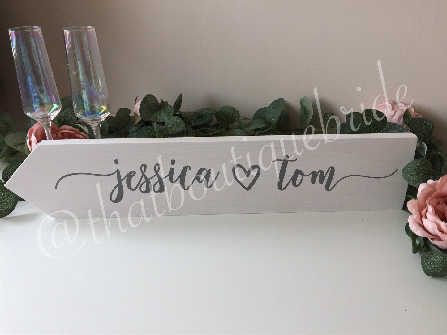 Personalised, WHITE wooden event direction sign.