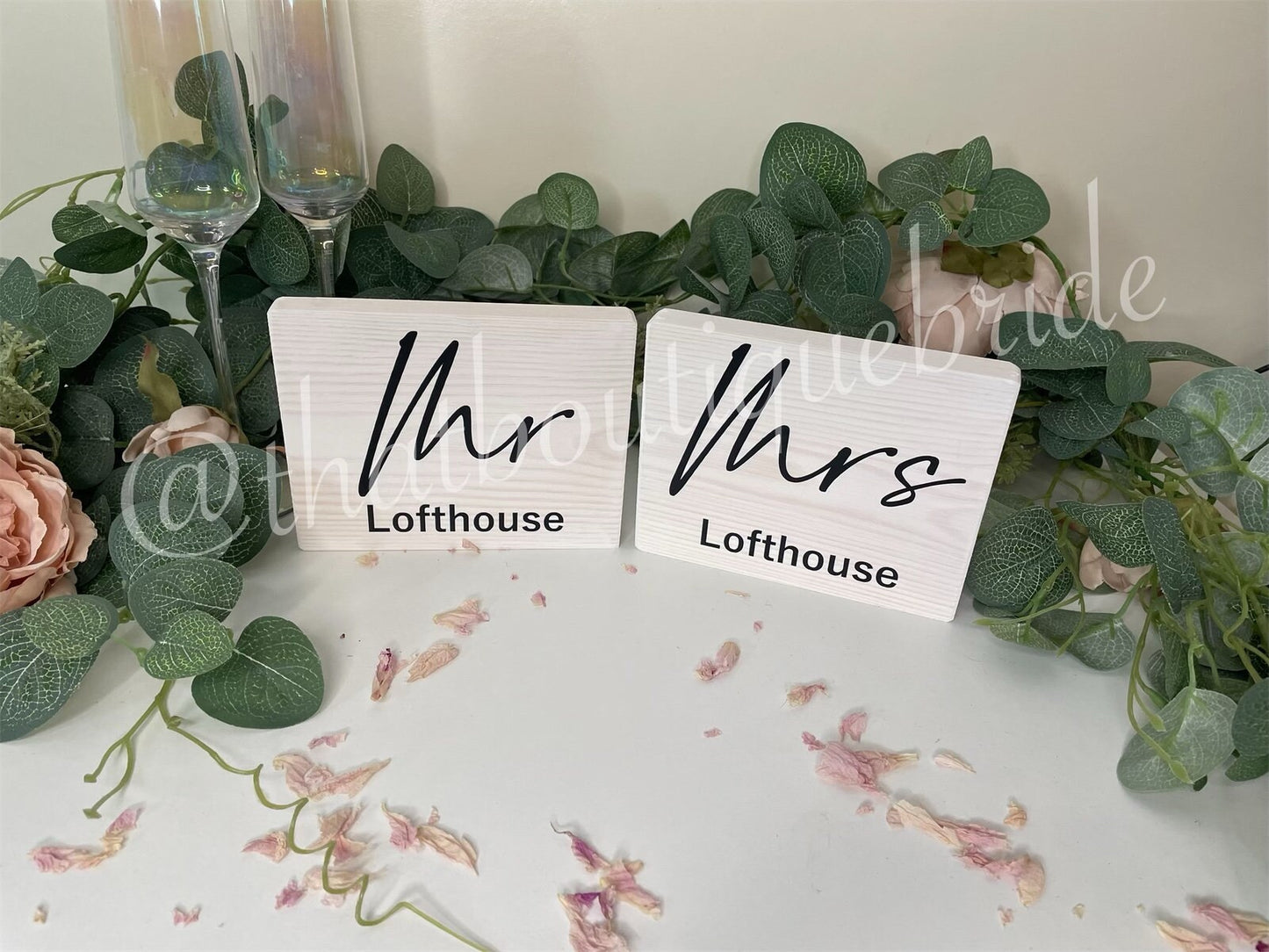 Couples WHITE wooden table signs, wedding reception table decor.