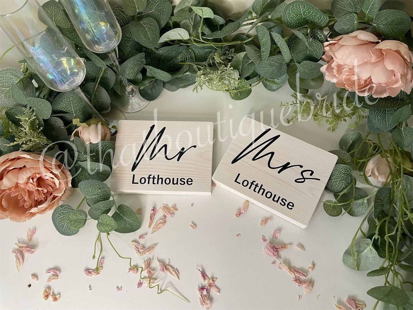 Couples WHITE wooden table signs, wedding reception table decor.