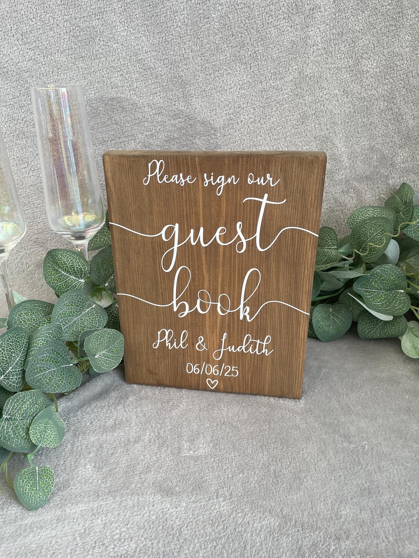 Personalised wooden guestbook sign, wedding reception table decor.