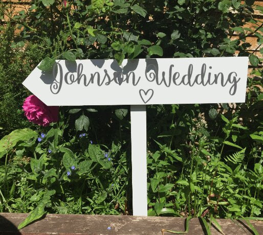 Personalised, WHITE wooden event direction sign.