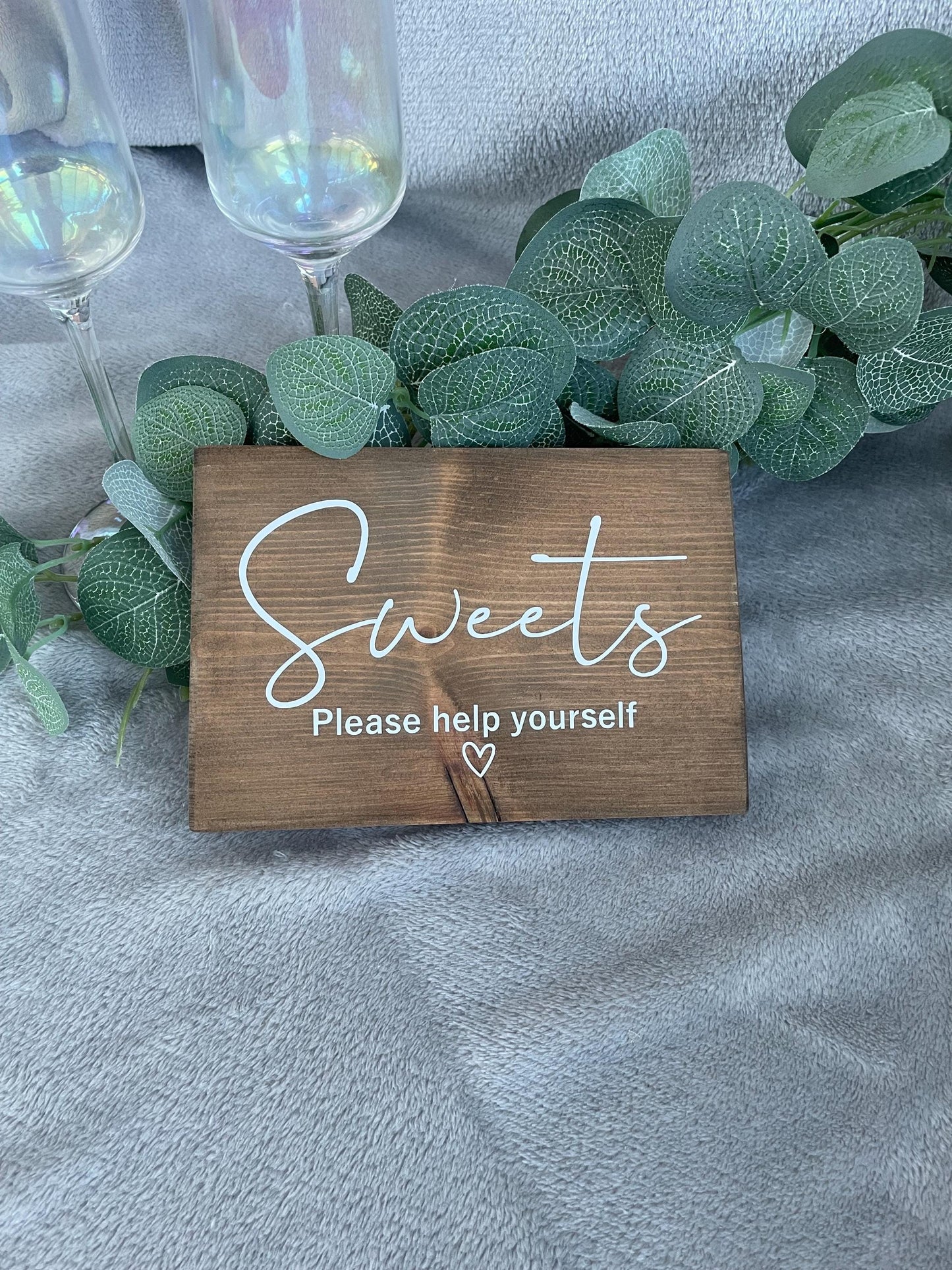 Wooden sweet table sign, wedding reception table decor.