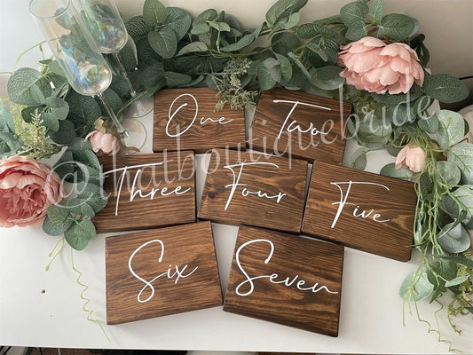 Set of 6 wooden table numbers or names, Wedding reception table decor.