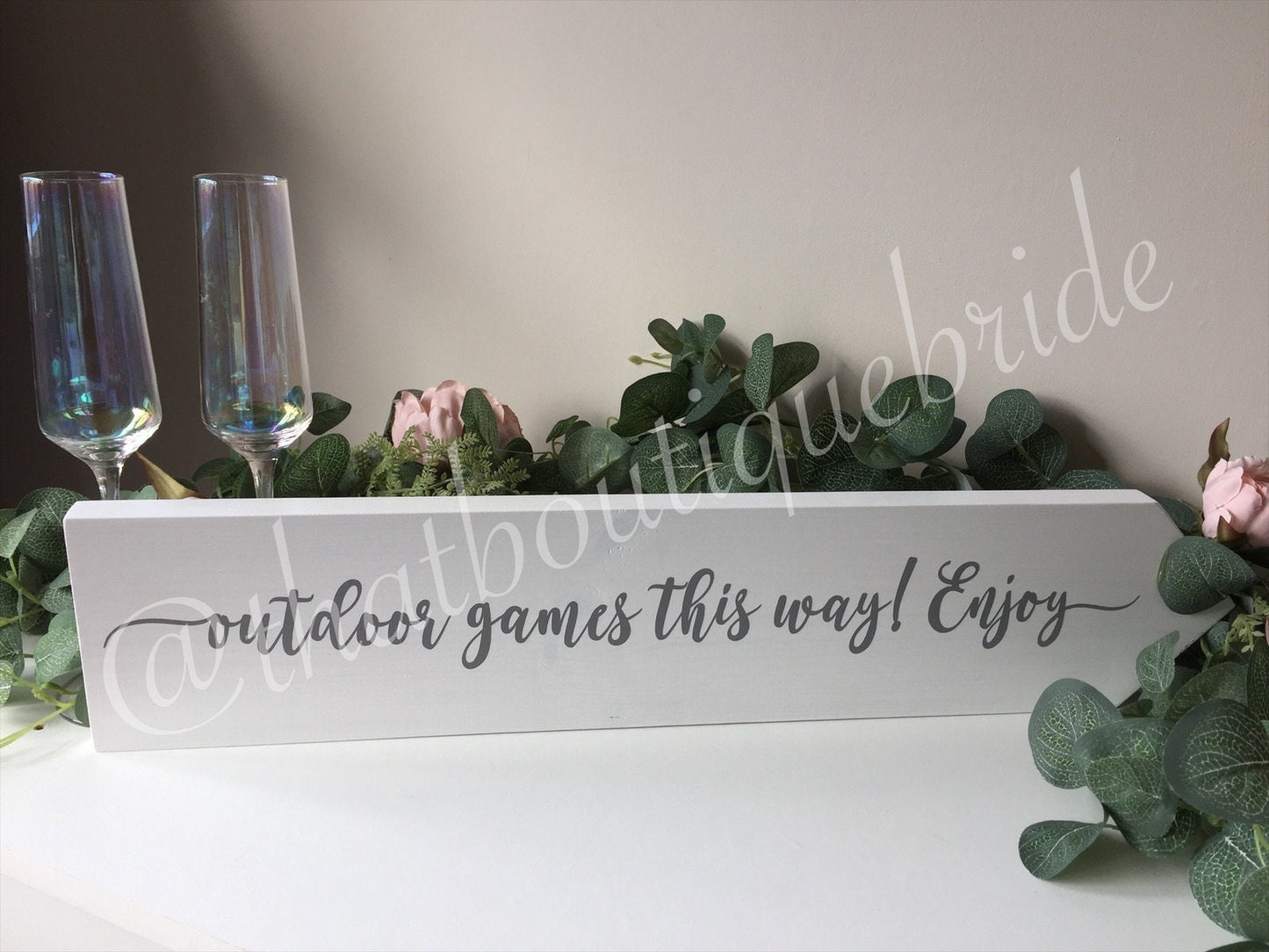 Personalised, WHITE wooden event direction sign.