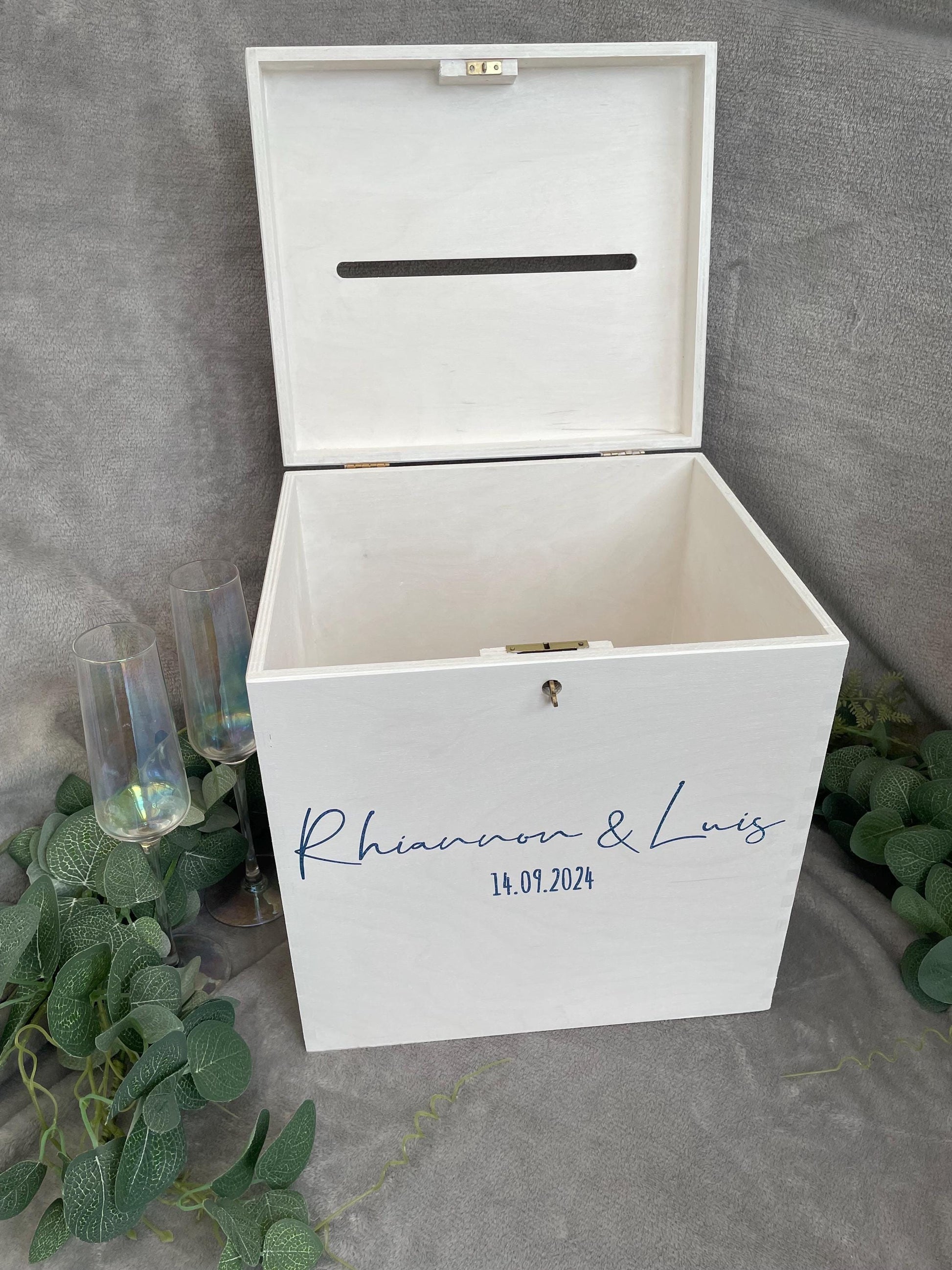 Personalised WHITE slotted wedding card box, Wedding post box, lockable Wedding card box, white wooden letter box, keepsake box.