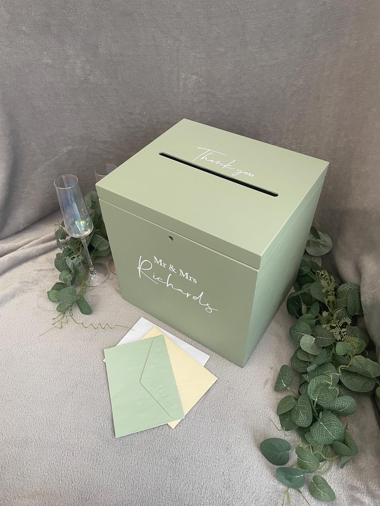 Personalised SAGE slotted wedding card box, slotted Wedding post box, lockable Wedding card box, wooden Wedding box, wedding keepsake box.