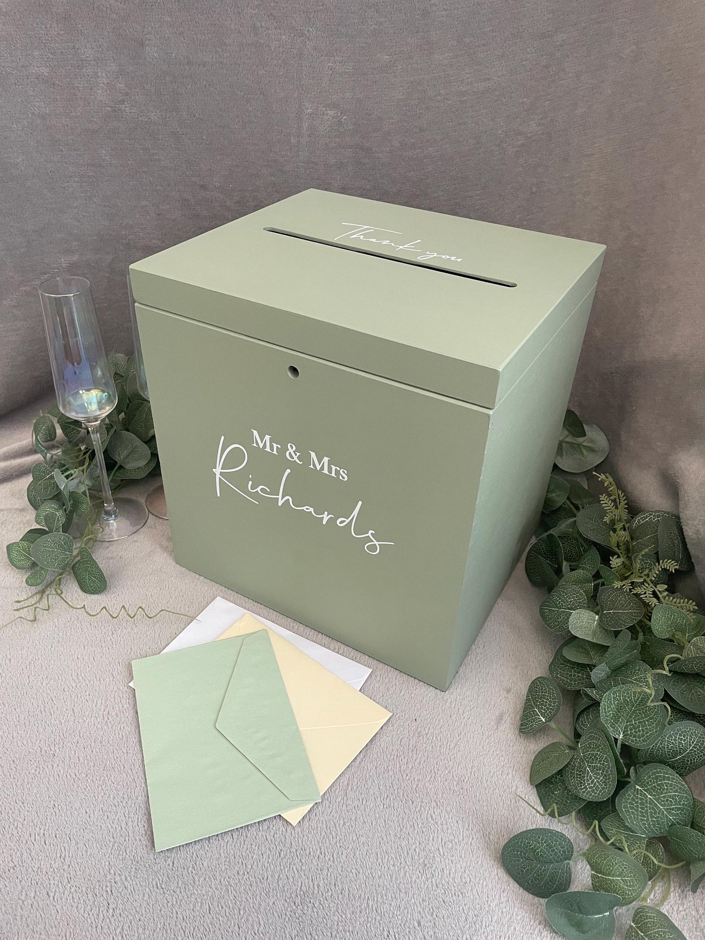 Personalised SAGE slotted wedding card box, slotted Wedding post box, lockable Wedding card box, wooden Wedding box, wedding keepsake box.