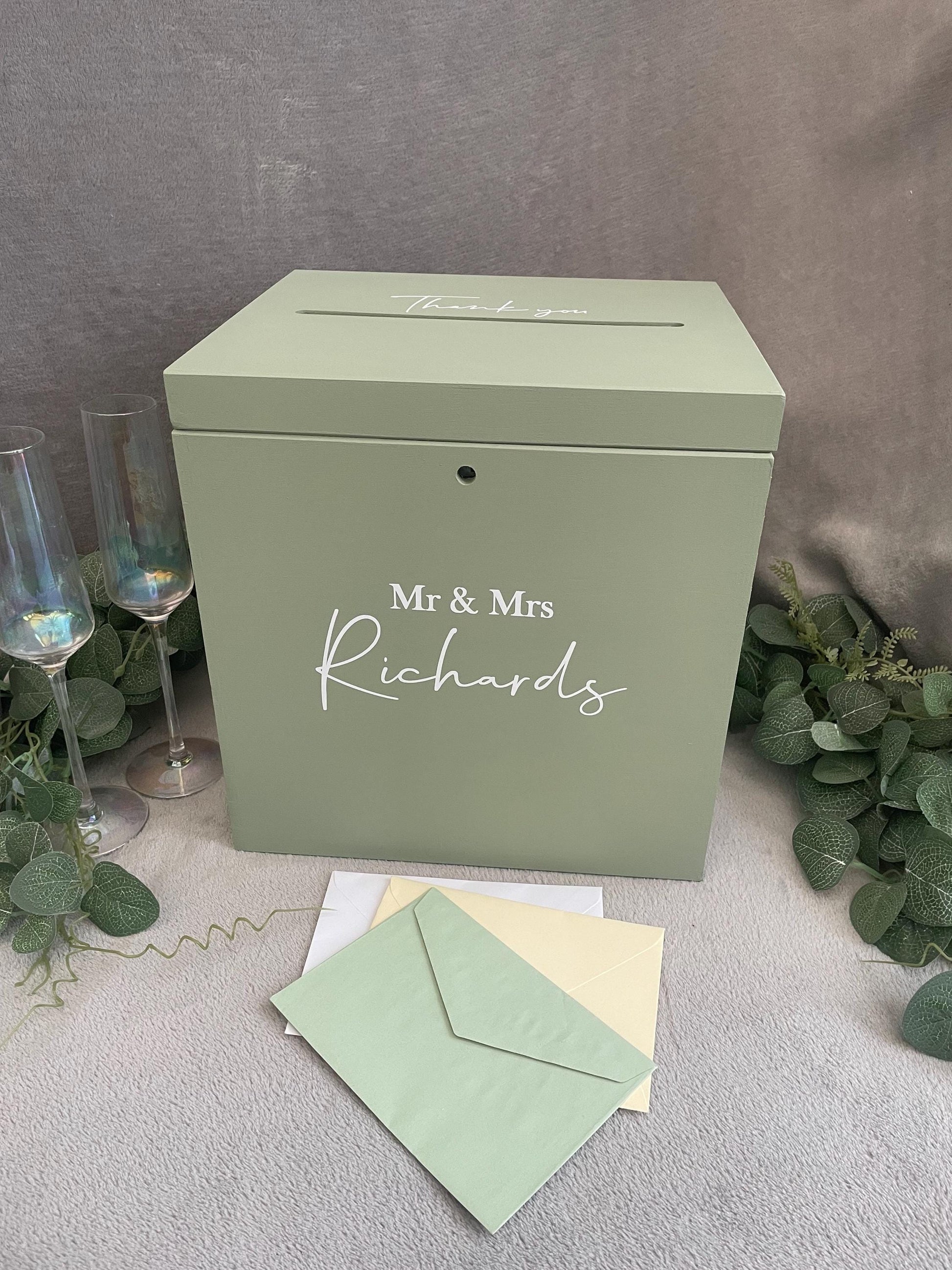 Personalised SAGE slotted wedding card box, slotted Wedding post box, lockable Wedding card box, wooden Wedding box, wedding keepsake box.