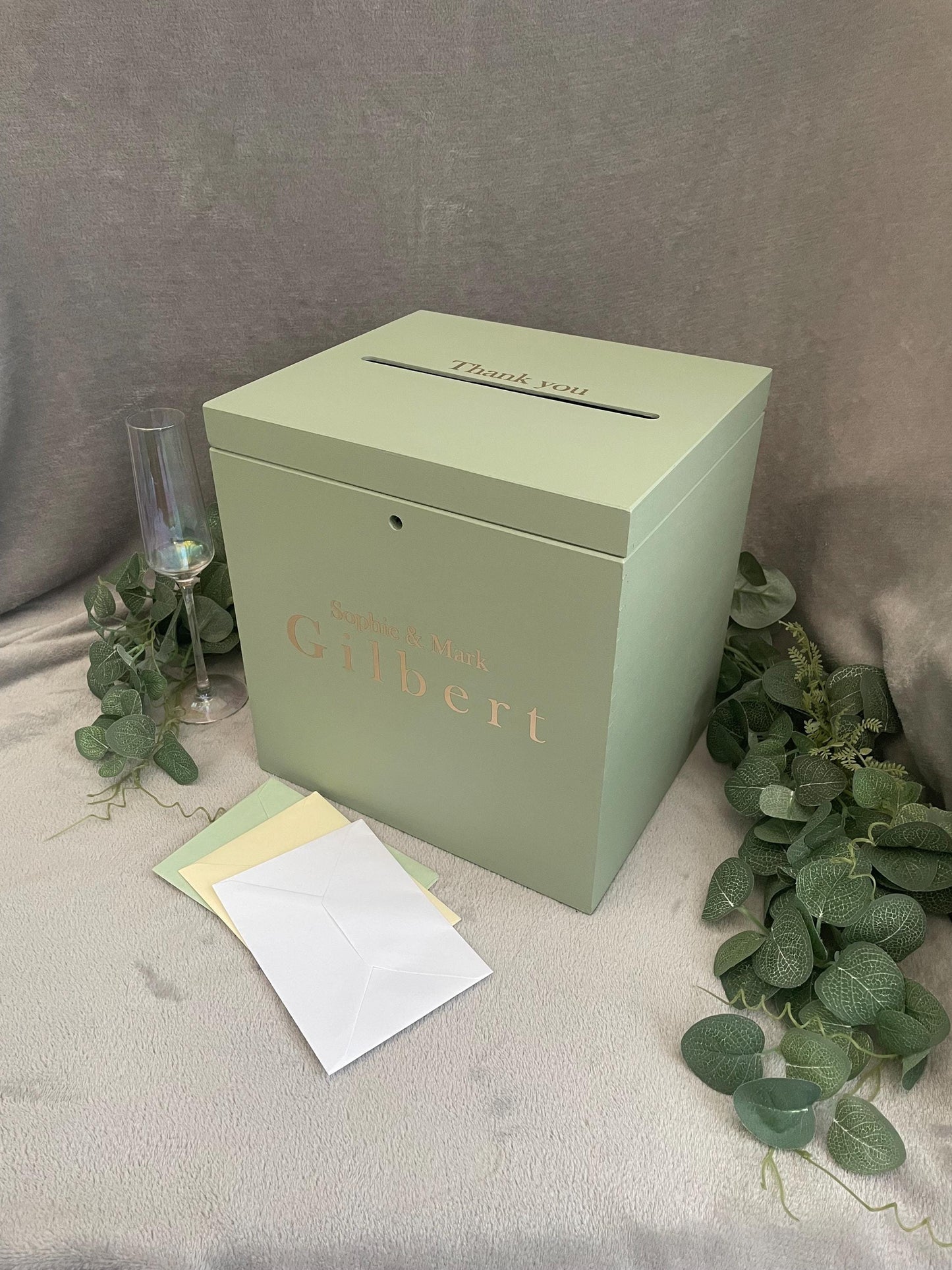 Personalised SAGE slotted wedding card box, slotted Wedding post box, lockable Wedding card box, wooden Wedding box, wedding keepsake box.