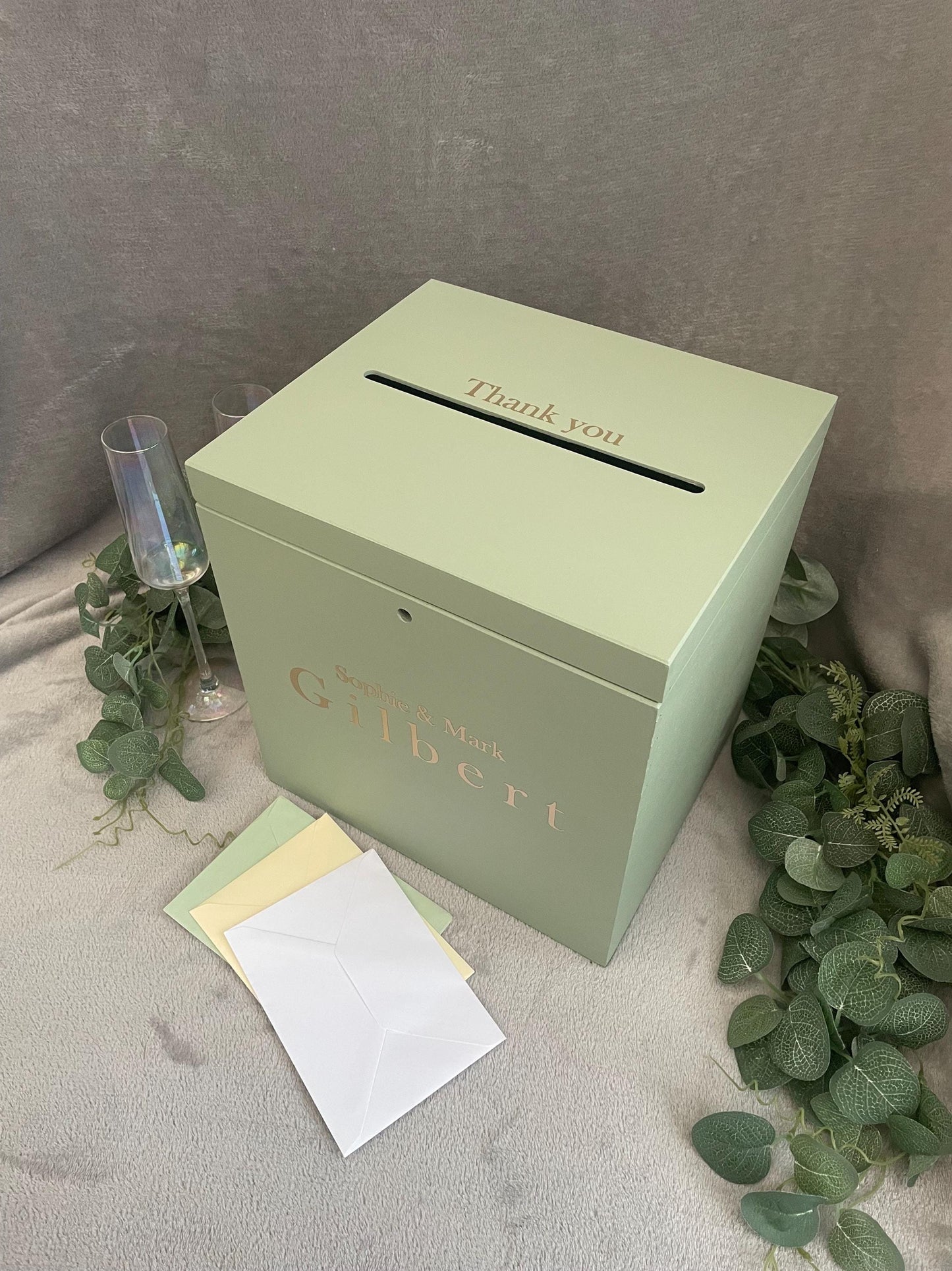 Personalised SAGE slotted wedding card box, slotted Wedding post box, lockable Wedding card box, wooden Wedding box, wedding keepsake box.