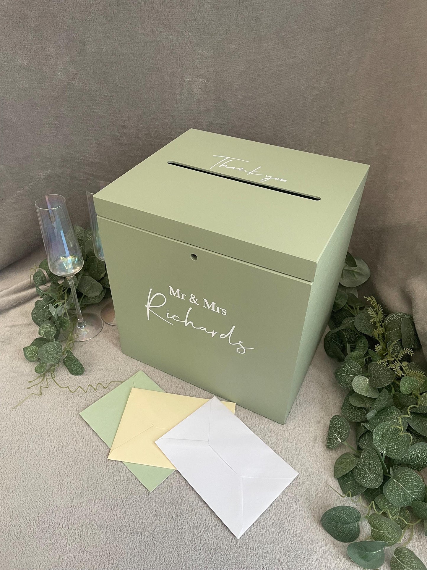 Personalised SAGE slotted wedding card box, slotted Wedding post box, lockable Wedding card box, wooden Wedding box, wedding keepsake box.
