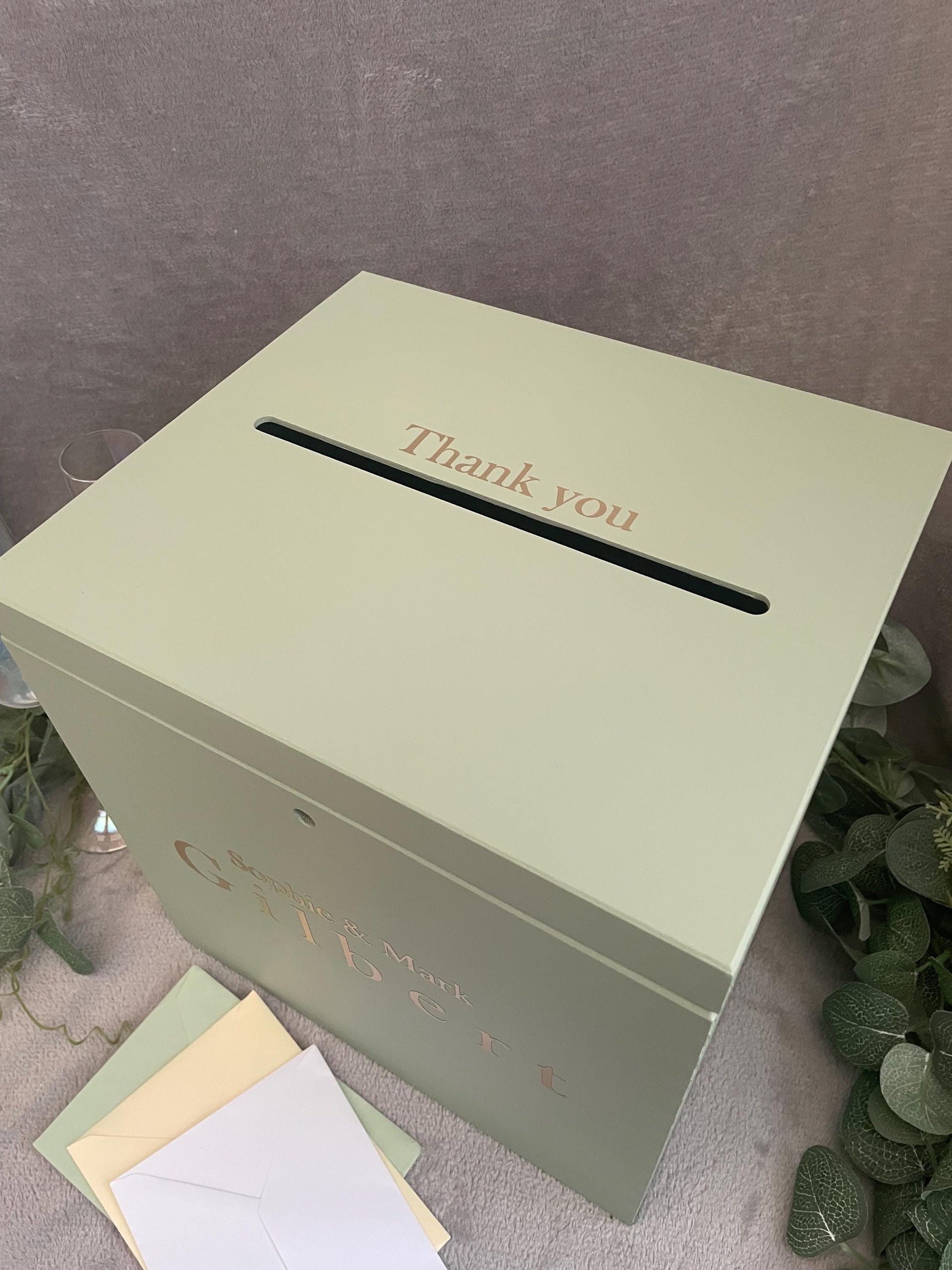 Personalised SAGE slotted wedding card box, slotted Wedding post box, lockable Wedding card box, wooden Wedding box, wedding keepsake box.