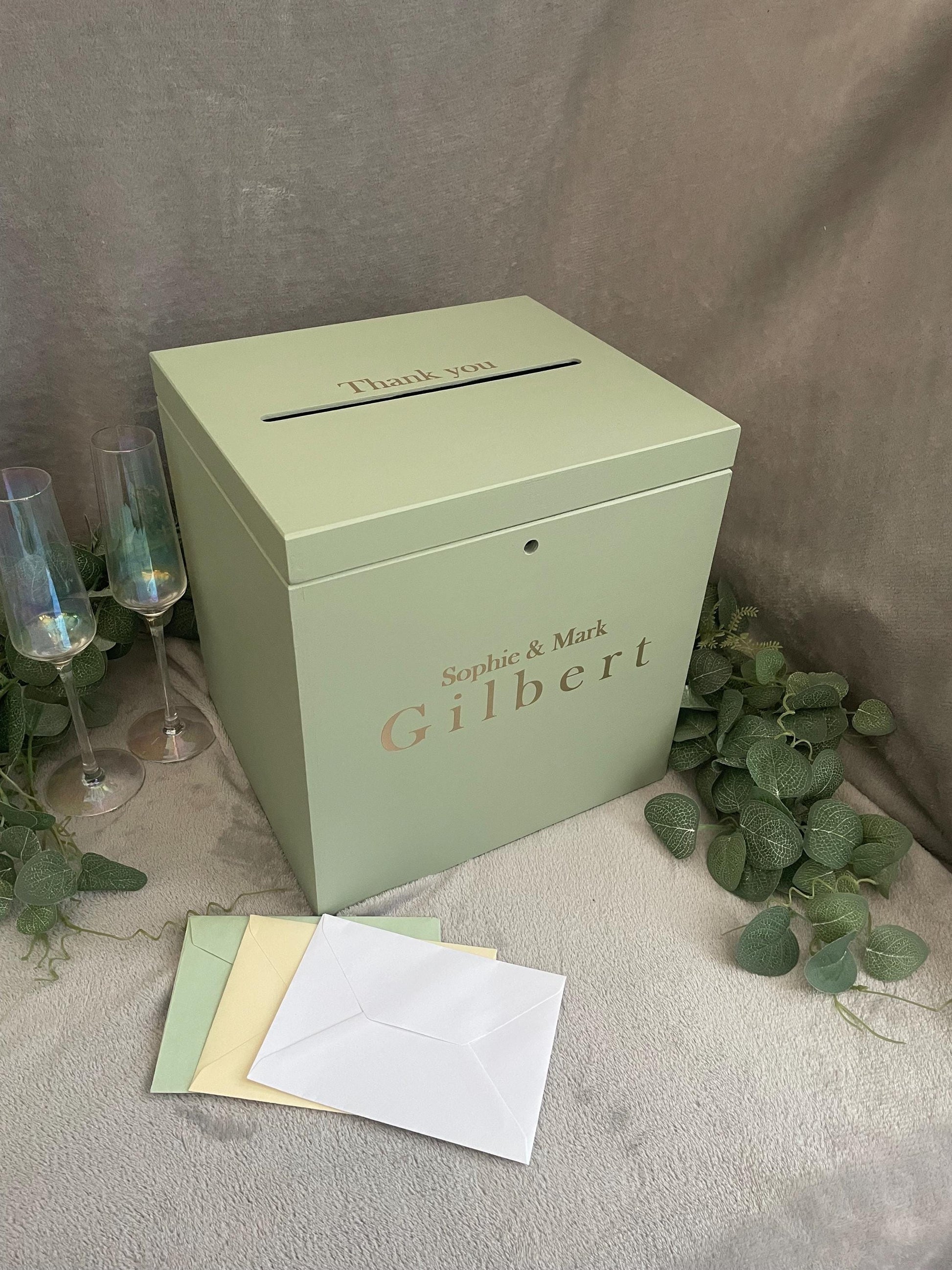 Personalised SAGE slotted wedding card box, slotted Wedding post box, lockable Wedding card box, wooden Wedding box, wedding keepsake box.